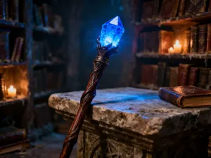 Rozłożone na drewnianym stole karty do gry fantasy, tworzące profesjonalną talię dla początkującego gracza.
