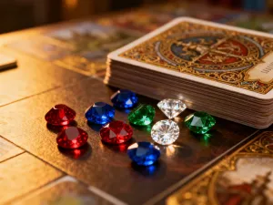 Ozdobna mapa świata fantasy z żetonami żywiołów na drewnianym stole, ilustrująca podział na magiczne regiony w grze.