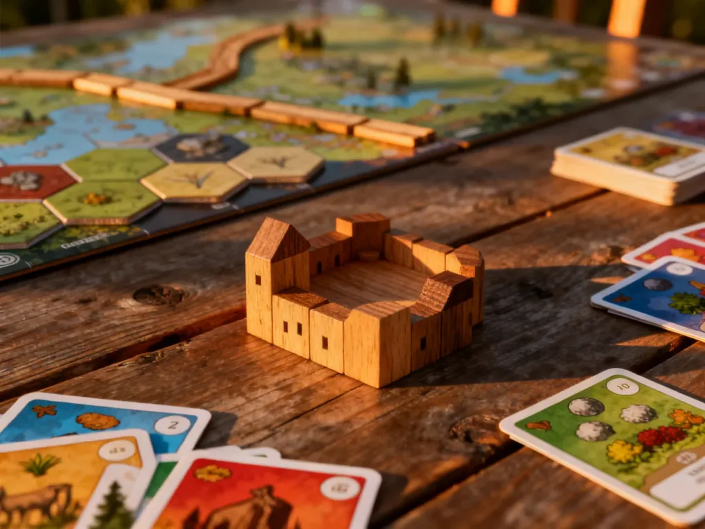 Drewniana osada z gry Catan oraz karty surowców na rustykalnym stole, w tle rozmyta plansza z heksagonalnymi polami.
