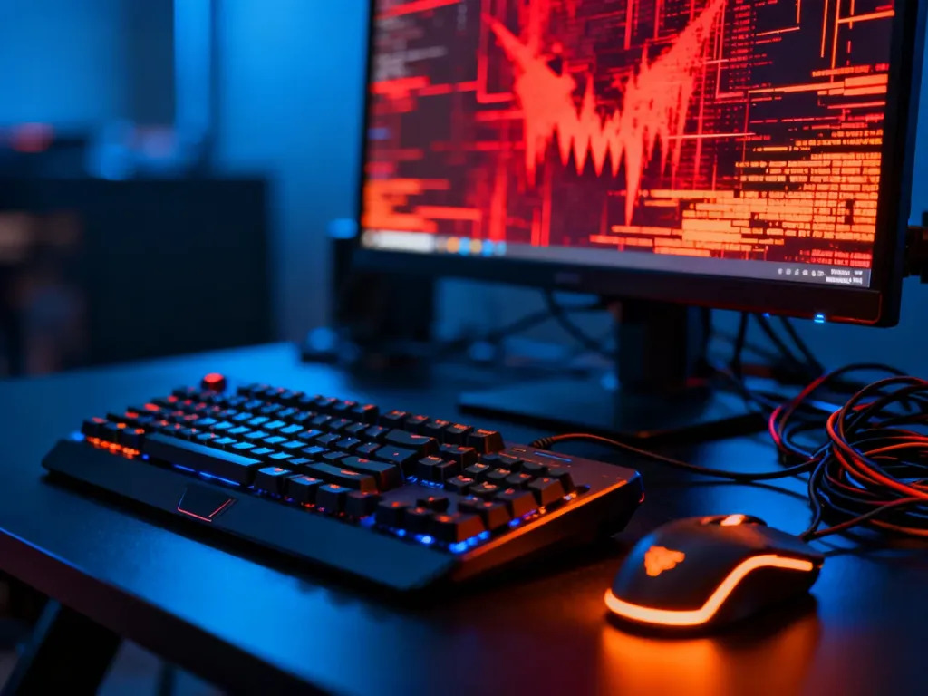Klawiatura i mysz na biurku z rozmytym ekranem w tle, symbolizujące negatywne emocje i toksyczność w grach online.