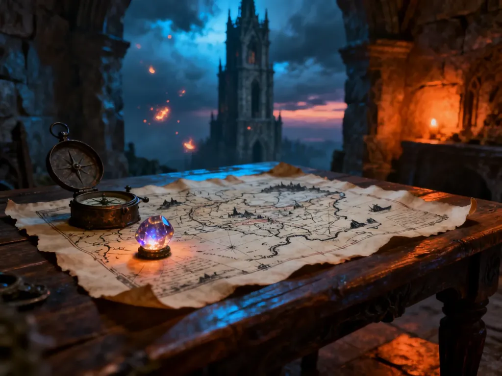 Stara mapa na drewnianym stole z magicznym kryształem i kompasem, w tle zarys gotyckiej wieży Xardasa w mrocznym klimacie.
