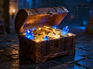 Złota, magiczna karta z runami trzymana w dłoniach na tle tajemniczej biblioteki, symbolizująca zdobycie legendarnego przedmiotu.