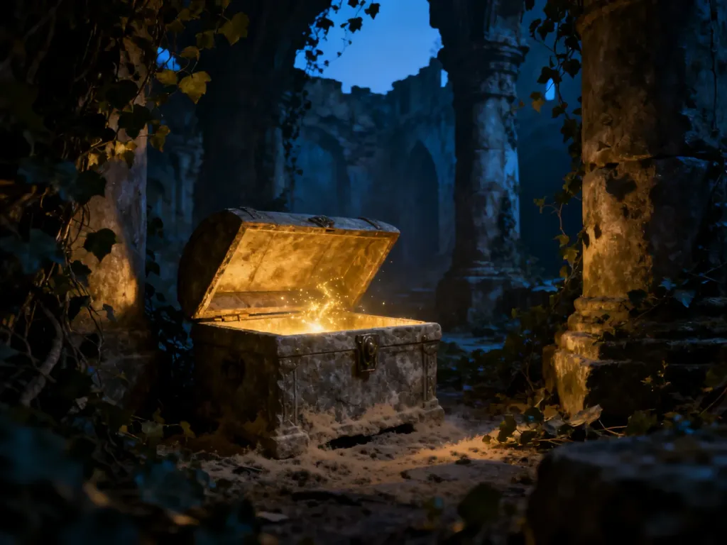 Starożytna, kamienna skrzynia ukryta w zarośniętych ruinach, z której wydobywa się magiczny, złoty blask.