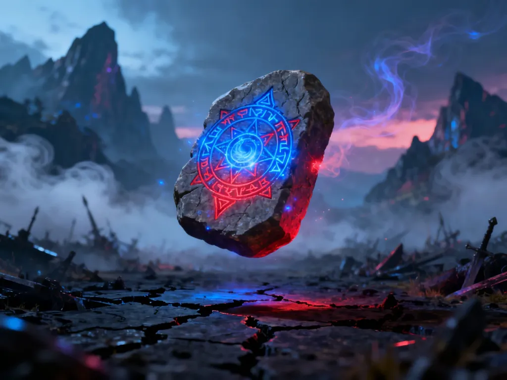 Mistyczny, lewitujący artefakt nad polem bitwy, symbolizujący świat gry Dota 2.