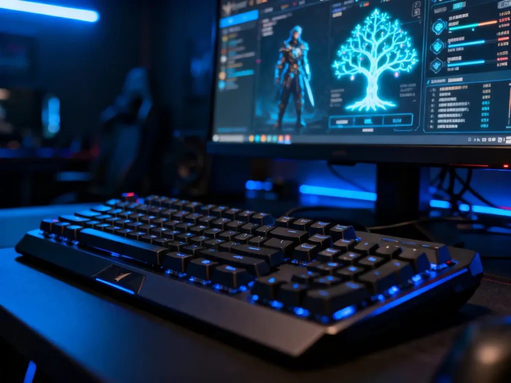 Zbliżenie na klawiaturę gamingową i ekran z menu statystyk postaci w grze RPG, podkreślające proces optymalizacji bohatera.