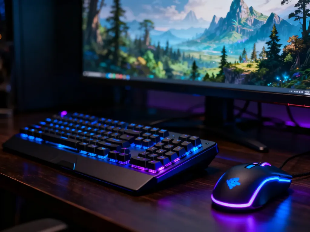 Podświetlana klawiatura i mysz gamingowa na biurku, a w tle monitor z widokiem na świat gry fantasy.