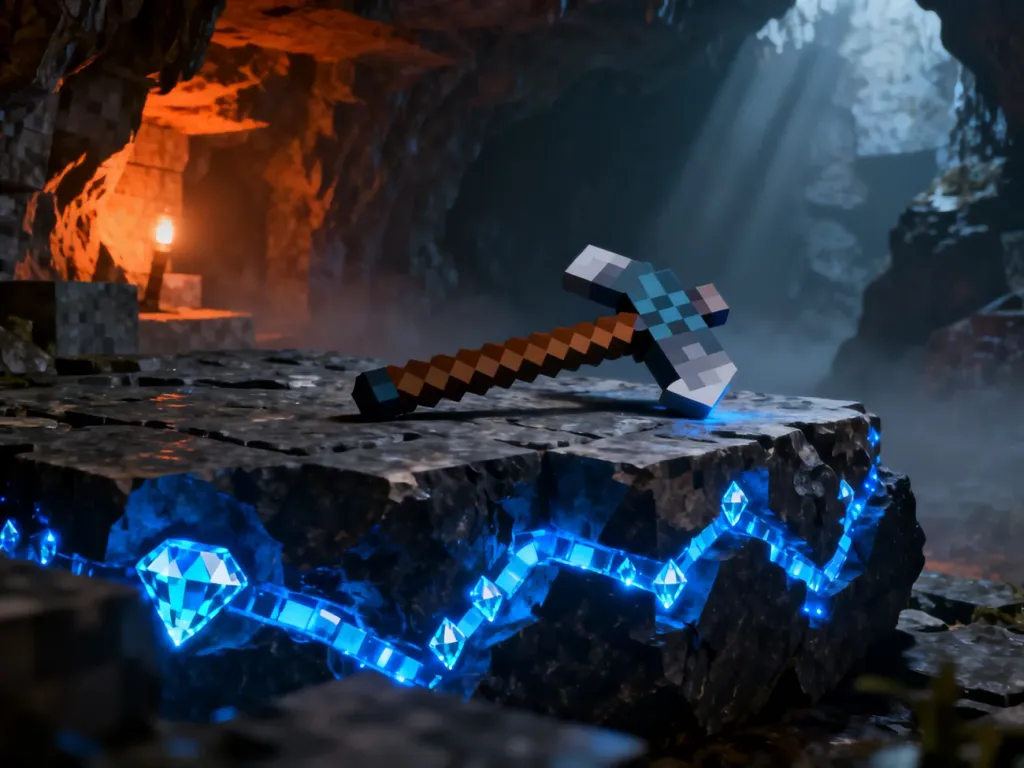 Diamentowa ruda i kilof w mrocznej jaskini Minecrafta, oświetlone blaskiem pochodni.