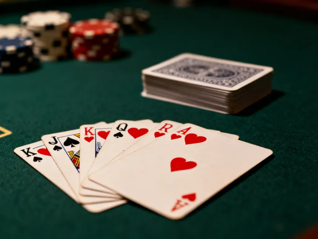 Królewski poker w kolorze kier rozłożony na zielonym stole, otoczony żetonami, budujący atmosferę profesjonalnej rozgrywki.