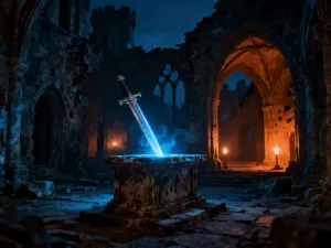 Starożytne ruiny świątyni na pustyni z magiczną laską emitującą błękitne światło, symbolizującą moc magów wody.