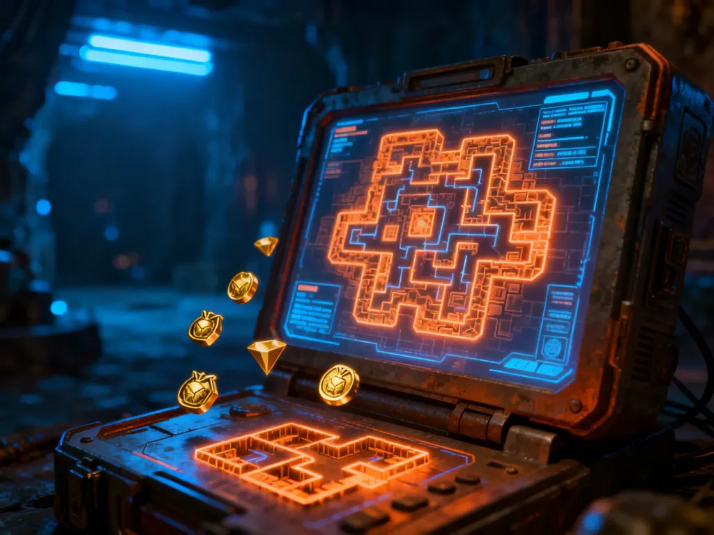 Holograficzny terminal wyświetlający proceduralnie generowaną mapę lochów z ikonami łupów w stylistyce cyberpunkowej.