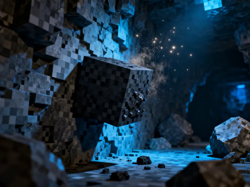 Blok rudy węgla osadzony w kamiennej ścianie ciemnej jaskini w grze Minecraft.