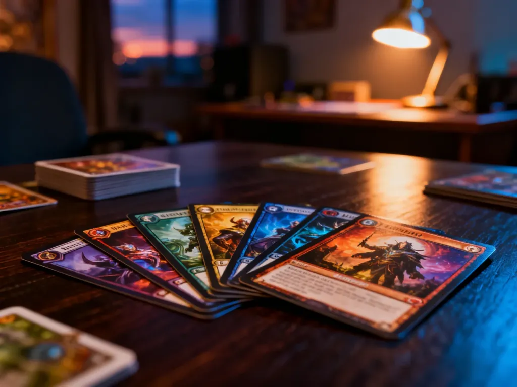 Rozłożone na drewnianym stole karty do gry fantasy, tworzące profesjonalną talię dla początkującego gracza.