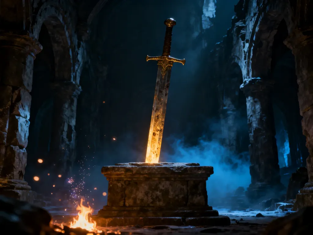 Średniowieczny miecz wbity w kamienny ołtarz w mrocznym lochu, symbolizujący punkt zapisu i odpoczynku w grze Dark Souls.