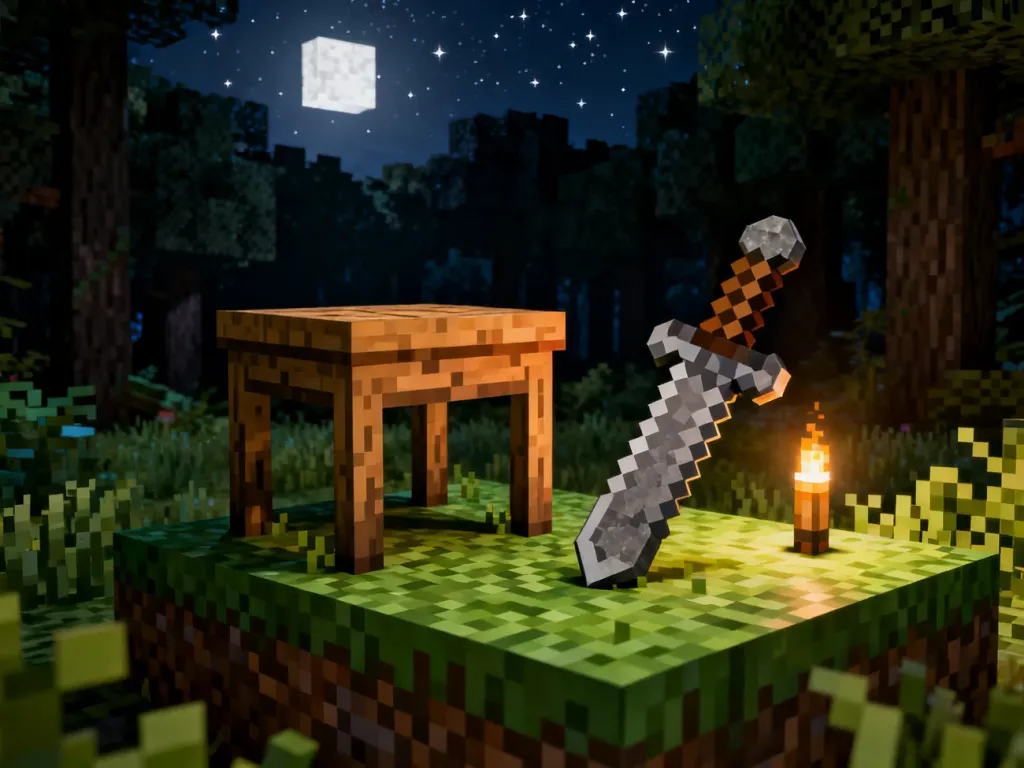 Stół rzemieślniczy i kamienny miecz na trawie w świetle pochodni podczas pierwszej nocy w świecie Minecrafta.