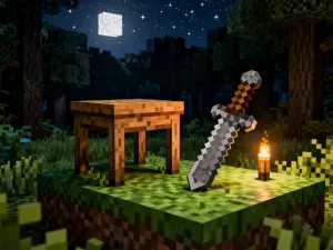 Pustynna świątynia z piaskowca częściowo zasypana wydmami w blasku zachodzącego słońca w grze Minecraft.
