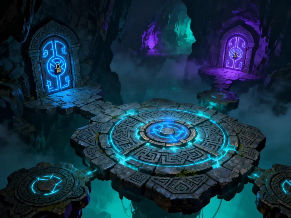 Złożona, dwuwymiarowa mapa gry typu metroidvania z podświetlonymi platformami i tajemniczymi przejściami w mrocznej jaskini.