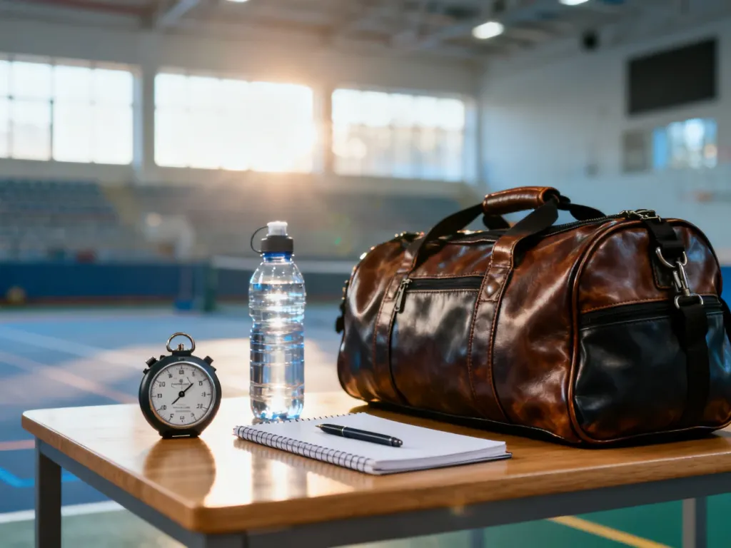 Profesjonalny sprzęt sportowy przygotowany na turniej, w tym stoper, bidon i notatnik na tle hali sportowej.