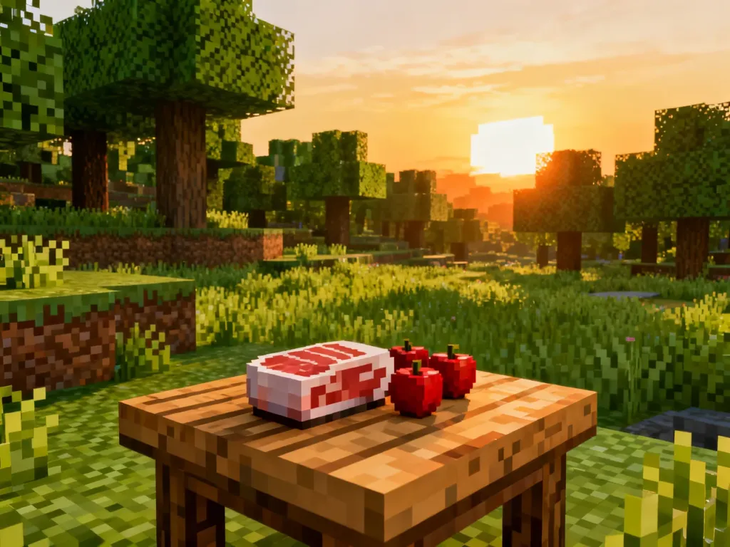 Stół rzemieślniczy z surową wieprzowiną i jabłkami na tle lasu w Minecraft, ilustrujący zdobywanie pożywienia.