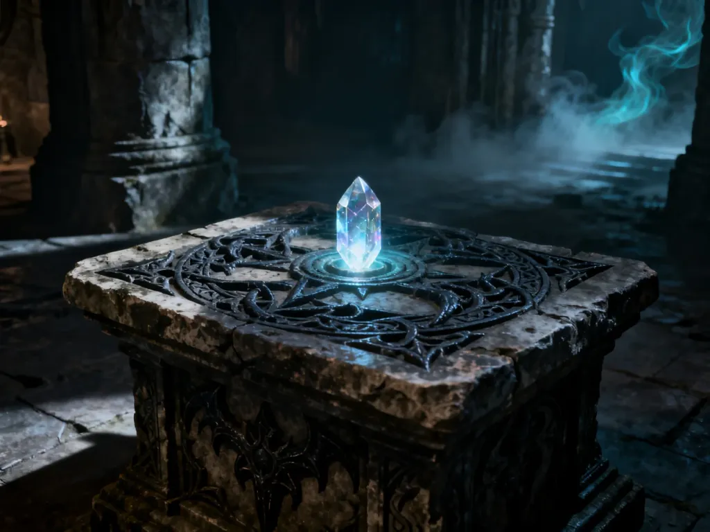 Starożytny kamienny ołtarz z magicznym kryształem w mrocznym, gotyckim lochu z gry Gothic 3: The Beginning.