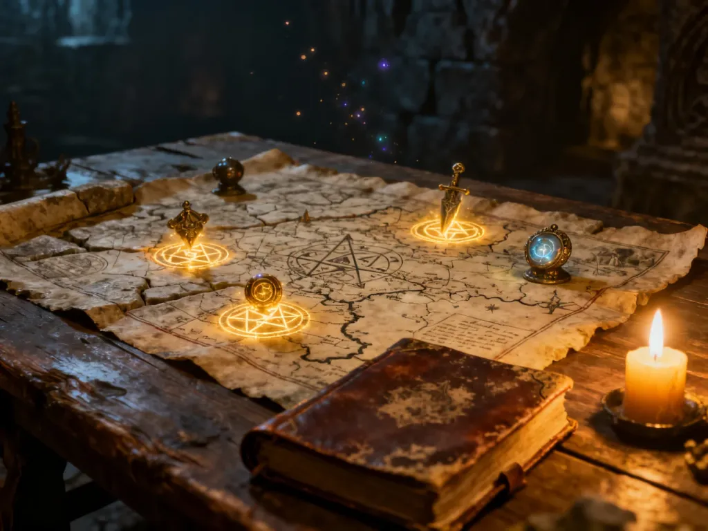 Starożytna mapa na drewnianym stole z zaznaczonymi magicznymi artefaktami, oświetlona blaskiem świecy w lochu.