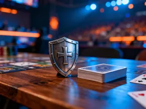 Królewski poker na stole w luksusowym kasynie, symbolizujący wygraną i strategiczną przewagę w grze.