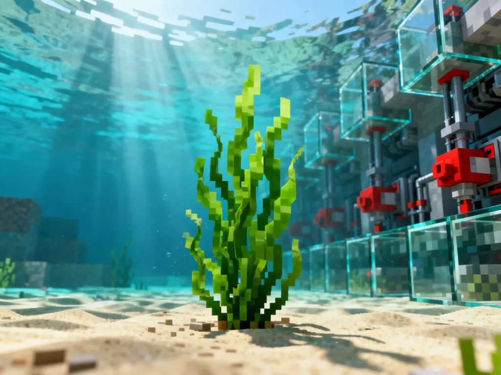 Podwodna farma kelpu w Minecraft z automatycznymi tłokami redstone i rosnącymi roślinami na piaszczystym dnie.