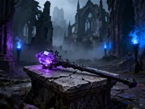 Kowadło z Minecrafta na drewnianym stole warsztatowym w klimatycznym, oświetlonym pochodniami wnętrzu.