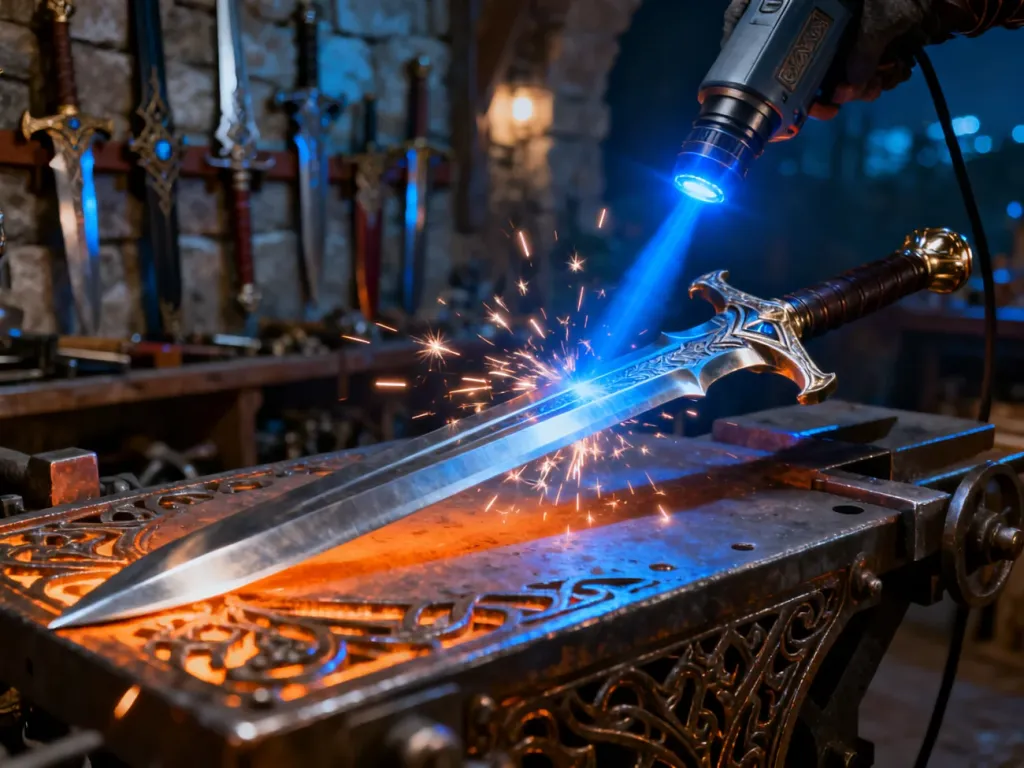 Wysokotechnologiczne ostrze ulepszane na świecącym warsztacie przy użyciu lasera, w otoczeniu zbrojowni z bronią fantasy.