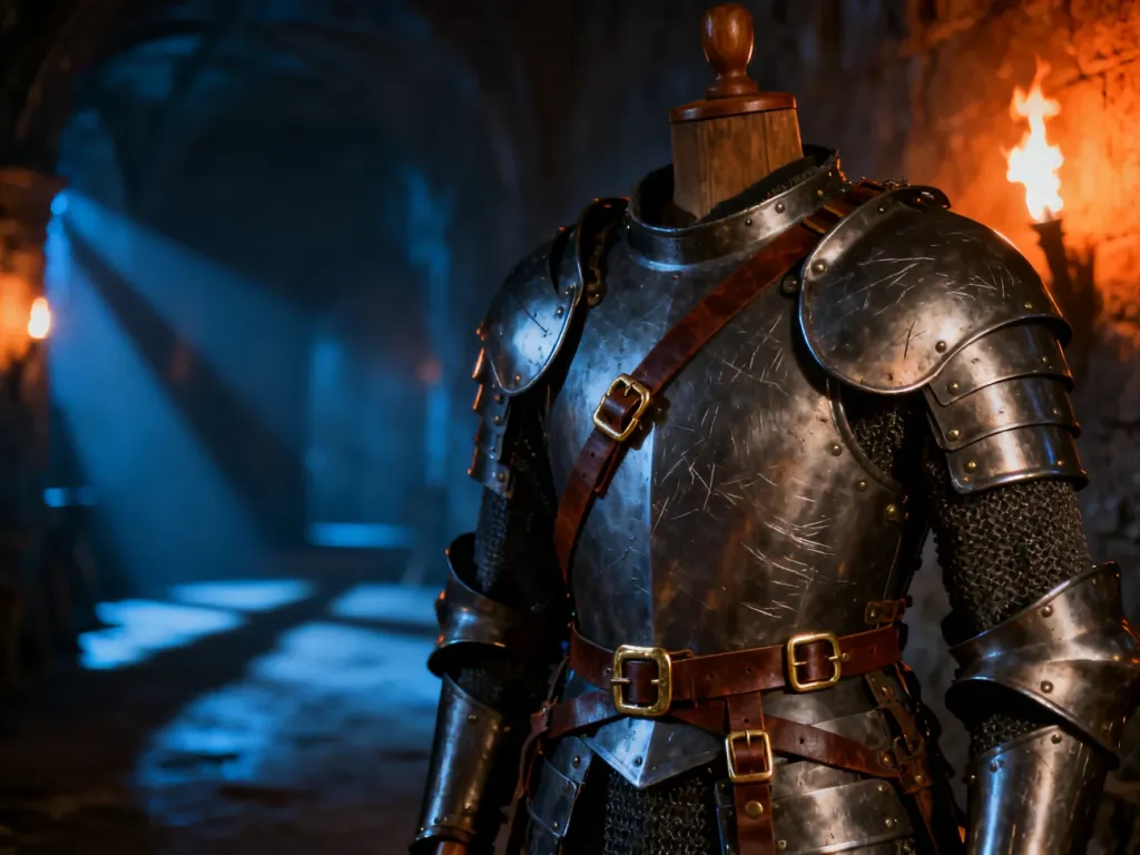 Zestaw średniowiecznej zbroi płytowej na drewnianym manekinie w mrocznym, klimatycznym lochu z gry Gothic Remake.