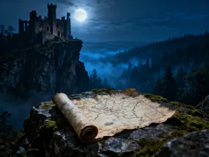 Stara mapa na drewnianym stole z magicznym kryształem i kompasem, w tle zarys gotyckiej wieży Xardasa w mrocznym klimacie.