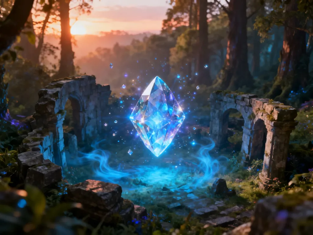 Świecący magiczny kryształ unoszący się pośród starożytnych ruin w zaczarowanym lesie, symbolizujący świat League of Legends.