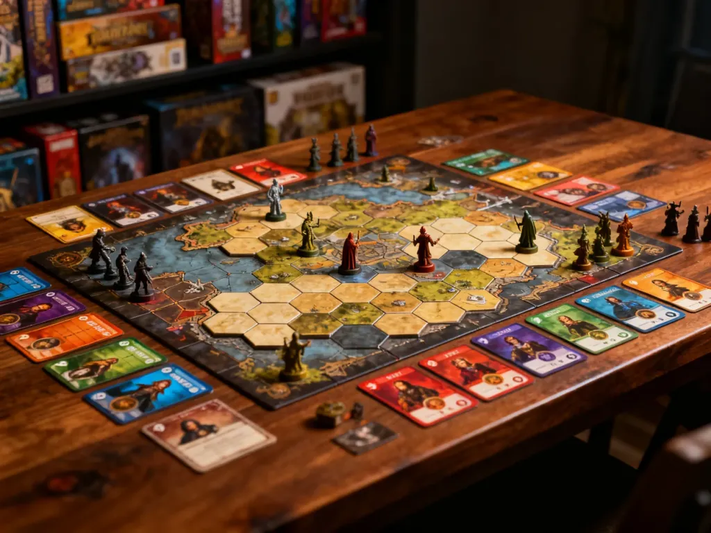 Rozłożona na drewnianym stole plansza do gry Gloomhaven z figurkami i kartami umiejętności, gotowa do rozpoczęcia rozgrywki.