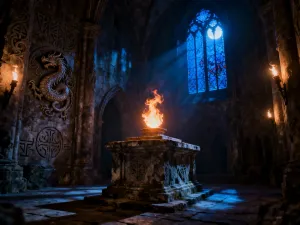 Starożytny ołtarz i świecąca runa w mrocznej jaskini, symbolizujące magiczną moc maga wody w grze Gothic 2 Returning.