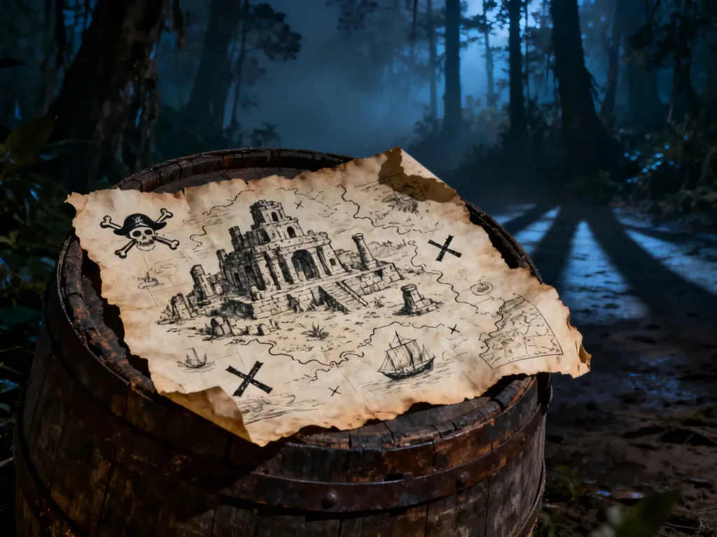 Ręcznie rysowana mapa skarbów na drewnianej beczce w mrocznym lesie, wskazująca lokalizacje ukrytych łupów w Gothic 2.