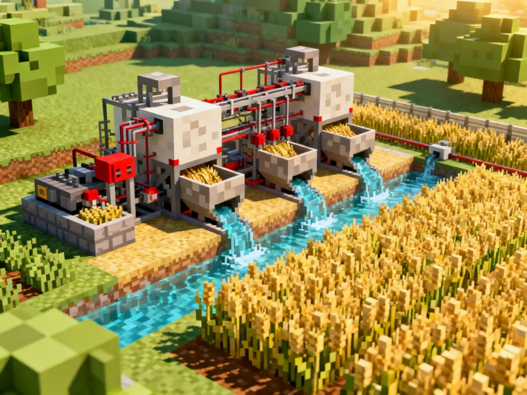 Zautomatyzowana farma pszenicy w Minecraft z widocznymi mechanizmami redstone, lejami i kanałami wodnymi.