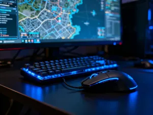 Gamingowa mysz i klawiatura z niebieskim podświetleniem na biurku, a w tle rozmyta mapa strategiczna na monitorze.