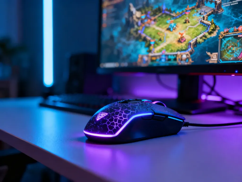 Profesjonalne stanowisko gamingowe z podświetlaną myszką na tle mapy z gry League of Legends.