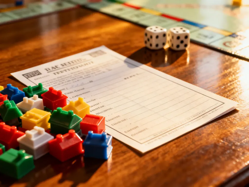 Karta własności z gry Monopoly leżąca na stole obok kolorowych domków i hoteli, w otoczeniu elementów planszy.