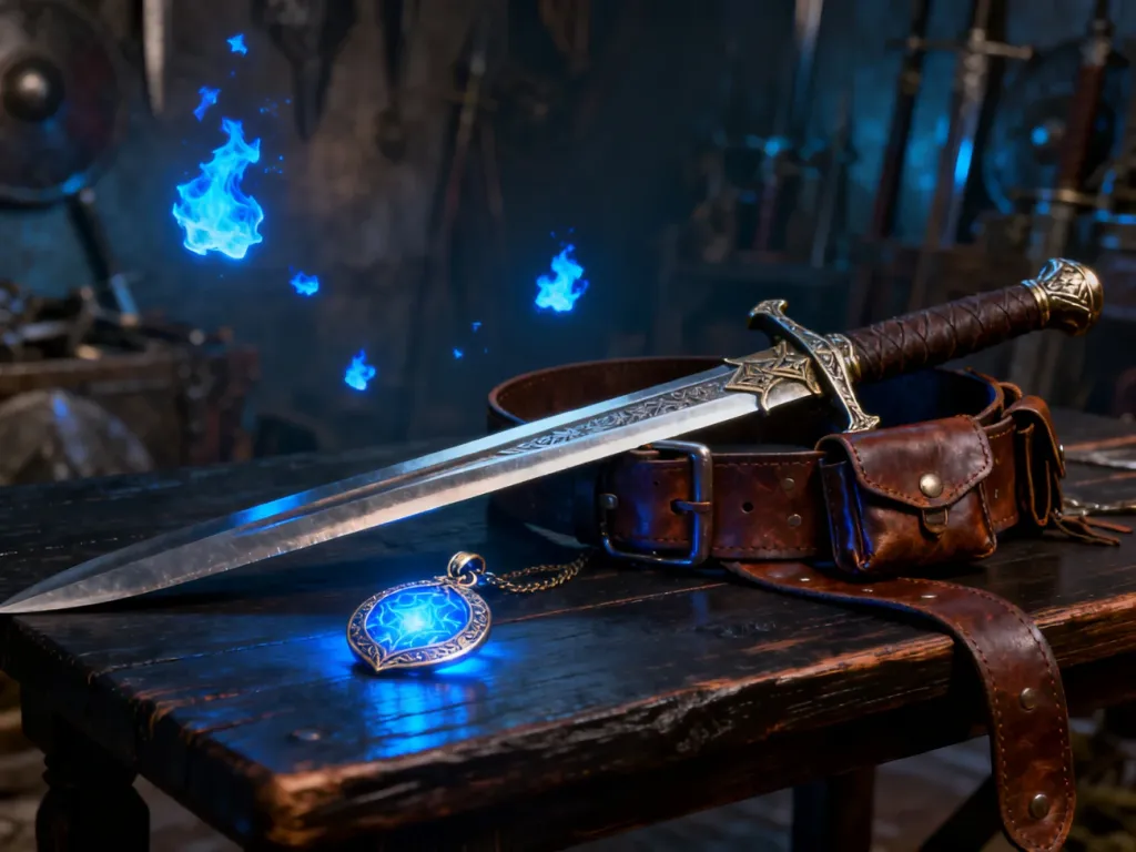 Ekwipunek postaci fantasy: miecz, pas z sakiewkami i magiczny amulet przygotowane do walki PvP.