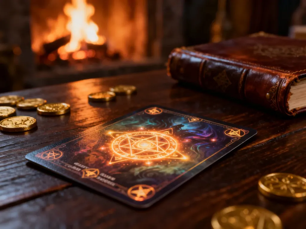 Karta do gry fantasy z magicznymi symbolami leżąca na drewnianym stole w klimatycznym, ciepłym oświetleniu.