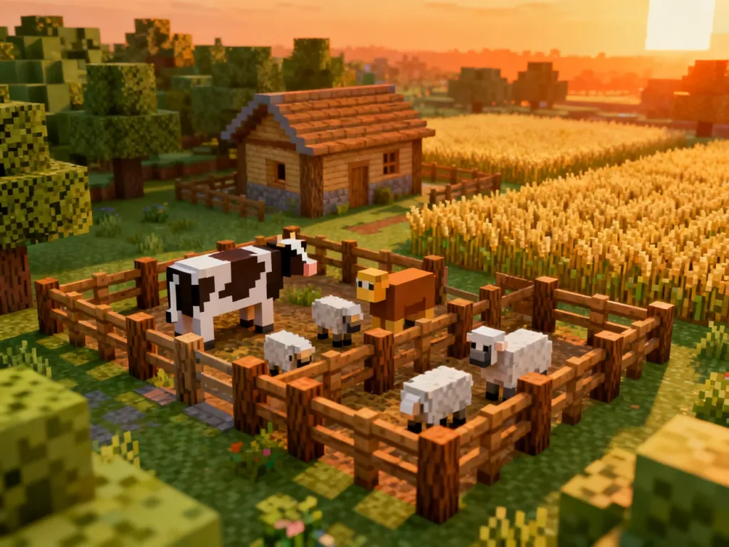 Widok z góry na farmę zwierząt w Minecraft z zagrodami, polem pszenicy i wiejskim domem w świetle zachodzącego słońca.