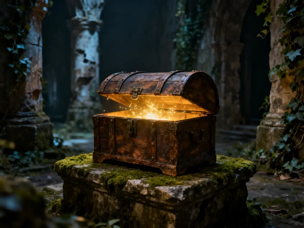 Stara, drewniana skrzynia skarbów z magiczną poświatą wewnątrz, umieszczona na kamiennym postumencie w ruinach.