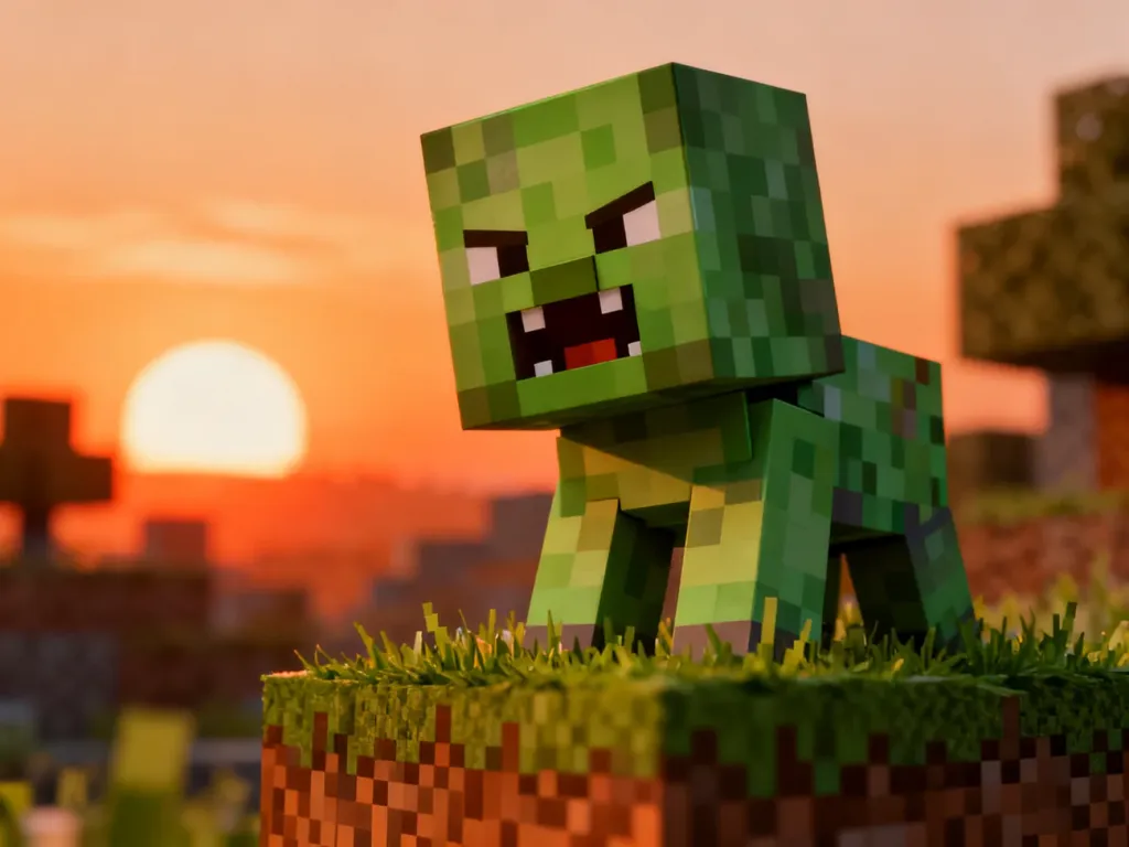 Zielony Creeper z Minecrafta stojący na trawiastym bloku na tle zachodzącego słońca.