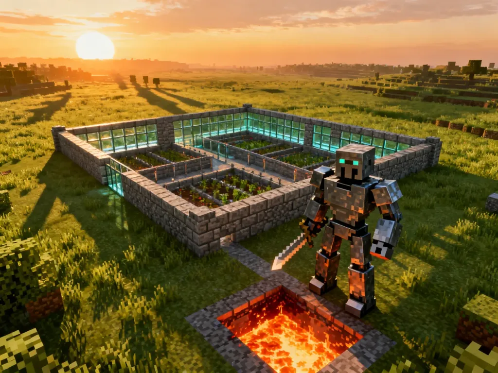 Złożona farma żelaza z kamiennych cegieł i szkła w Minecraft, z żelaznym golemem na tle zachodzącego słońca.