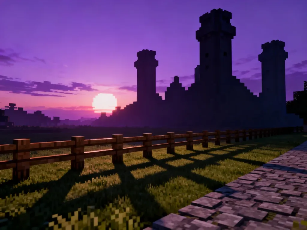 Wioska w Minecraft o zmierzchu z widocznymi w oddali wieżami, sugerująca nadchodzące zagrożenie ze strony Pillagerów.