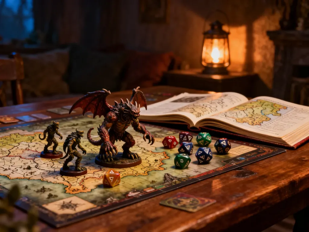 Stół do gry RPG z figurkami potworów, kośćmi i mapami w przytulnym, nastrojowym oświetleniu.
