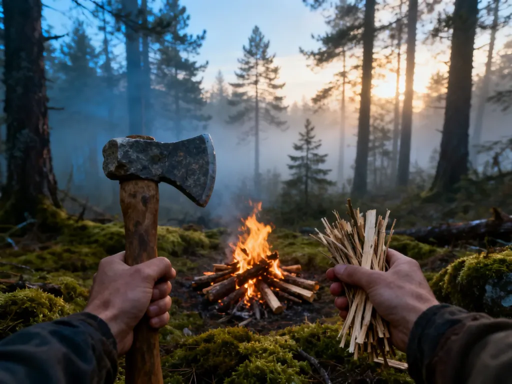 Gracz przygotowuje ognisko w lesie, trzymając kamienny topór i rozpałkę w ramach pierwszych kroków w grze survivalowej.