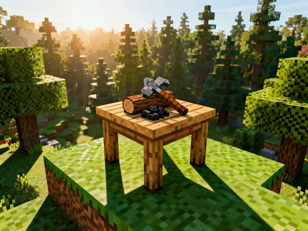 Stół rzemieślniczy z kilofem i surowcami w lesie Minecrafta, ilustrujący podstawy zdobywania zasobów w trybie survival.