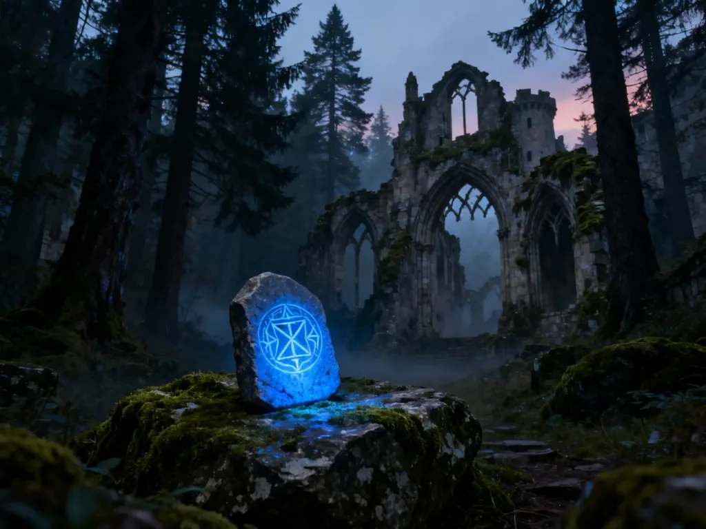 Mroczne ruiny zamku w mgle z leżącą na skale świecącą, niebieską runą magiczną, nawiązującą do klimatu gry Gothic 2.