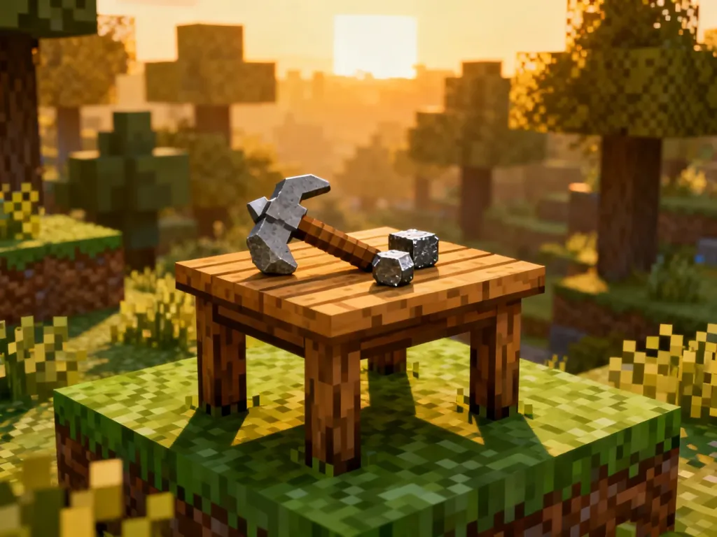 Stół rzemieślniczy z kamiennym kilofem i sztabkami żelaza na tle leśnego krajobrazu w Minecraft o zachodzie słońca.